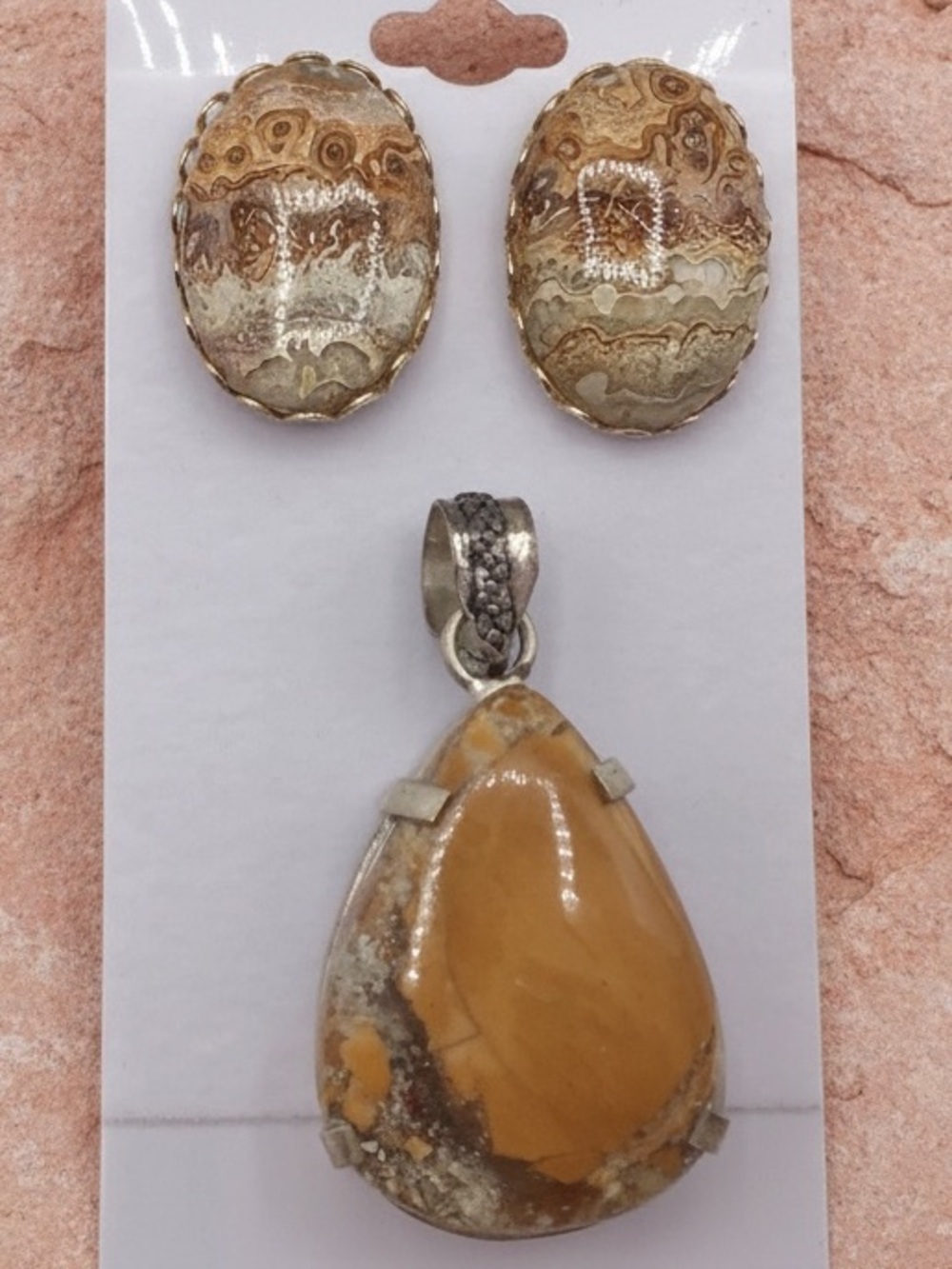 Vintage Brown Gemstone Earrings and Pendant, Earth Tone Agate Jasper Jewelry